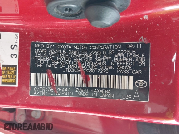 2012 Toyota Prius Two with VIN JTDZN3EU2C3017293, listed as a IAAI auction lot 41957977 with 194,640 mi miles and . Bid and sale history available at DreamBid. Image 9.