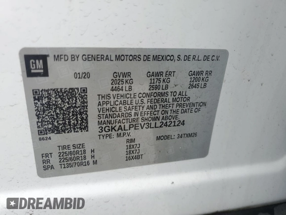 2020 GMC Terrain SLT with VIN 3GKALPEV3LL242124, listed as a Copart auction lot 55758825 with 116,142 mi miles and Salvage title. Bid and sale history available at DreamBid. Image 12.