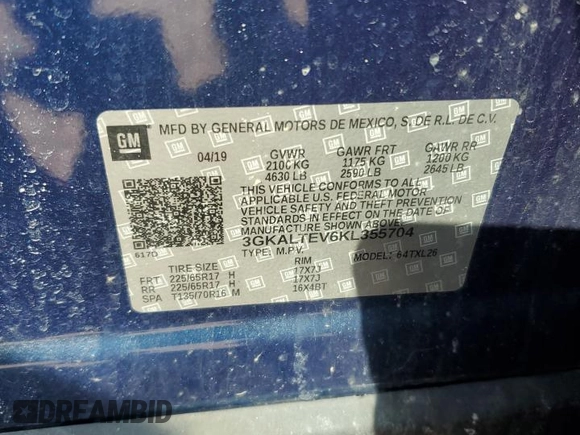 2019 GMC Terrain SLE with VIN 3GKALTEV6KL355704, listed as a Copart auction lot 50645875 with 75,463 mi miles and Salvage Title. Bid and sale history available at DreamBid. Image 13.