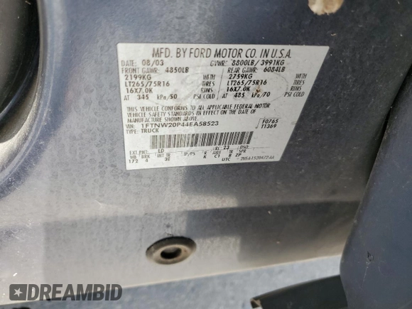 2004 Ford F-250 XL with VIN 1FTNW20P44EA58523, listed as a Copart auction lot 83796734 with Not provided miles and Non repairable. Bid and sale history available at DreamBid. Image 24.