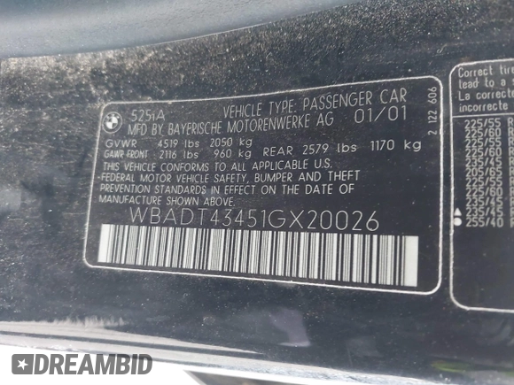 2001 BMW 5 Series 525iA with VIN WBADT43451GX20026, listed as a IAAI auction lot 41490075 with 141,700 mi miles. Bid and sale history available at carsss.com. Image 9.