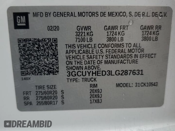 2020 Chevrolet Silverado 1500 High Country with VIN 3GCUYHED3LG287631, listed as a Copart auction lot 83808964 with 0 mi miles and Salvage Title. Bid and sale history available at carsss.com. Image 12.