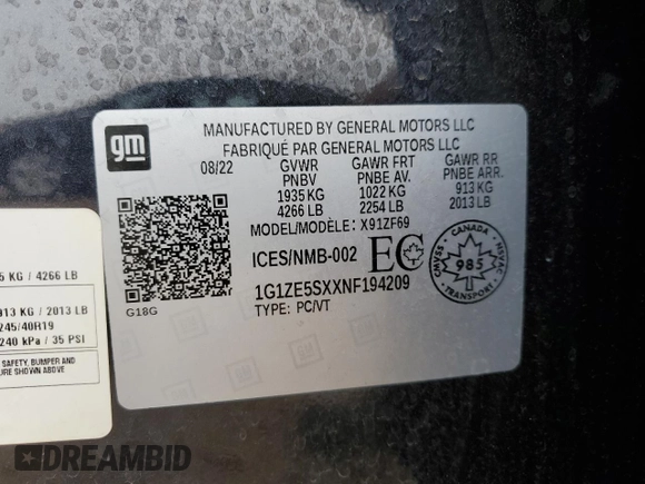 2022 Chevrolet Malibu Premier with VIN 1G1ZE5SXXNF194209, listed as a Copart auction lot 53564055 with 58,894 mi miles and Salvage Title. Bid and sale history available at DreamBid. Image 14.
