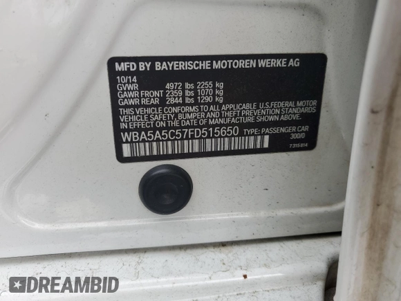 2015 BMW 5 Series 528i z VIN WBA5A5C57FD515650, wystawiony jako Copart lot #57110125 z przebiegiem 138 460 mil mil oraz Szkoda całkowita • Salvage title. Historia ofert i sprzedaży dostępna na DreamBid. Obrazek 12.