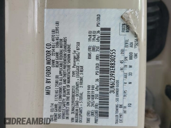 2014 Lincoln MKZ with VIN 3LN6L2J9XER830255, listed as a Copart auction lot 62905455 with 113,286 mi miles and Salvage title. Bid and sale history available at DreamBid. Image 13.
