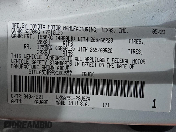 2023 Toyota Tundra SR5 with VIN 5TFLA5DB9PX101557, listed as a Copart auction lot 60339305 with 66,639 mi miles and Clean title. Bid and sale history available at DreamBid. Image 12.
