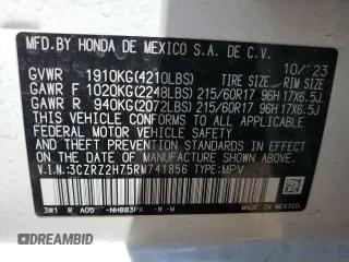 2024 Honda HR-V EX-L with VIN 3CZRZ2H75RM741856, listed as a Copart auction lot 56608415 with 6,141 mi miles and Salvage title. Bid and sale history available at DreamBid. Image 13.