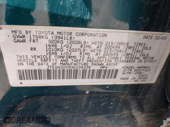 2003 Toyota RAV4 with VIN JTEGH20V930104338, listed as a IAAI auction lot 41515975 with 265,277 mi miles. Bid and sale history available at carsss.com. Image 9.