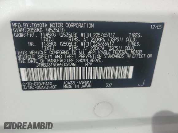 2006 Toyota RAV4 Limited with VIN JTMBD31V065006286, listed as a Copart auction lot 58023045 with 149,094 mi miles and Salvage title. Bid and sale history available at DreamBid. Image 13.