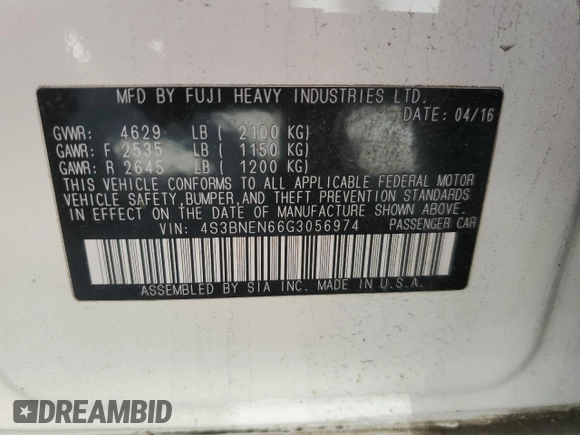 2016 Subaru Legacy 3.6R Limited with VIN 4S3BNEN66G3056974, listed as a Copart auction lot 53333715 with 106,296 mi miles and Salvage Title. Bid and sale history available at carsss.com. Image 12.