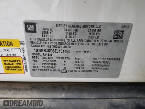 2014 Chevrolet Traverse LTZ with VIN 1GNKRJKD3EJ181480, listed as a Copart auction lot 57624754 with 138,133 mi miles and Non Repairable. Bid and sale history available at DreamBid. Image 13.