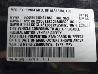 2021 Honda Pilot Special Edition with VIN 5FNYF6H23MB004612, listed as a IAAI auction lot 41734947 with 115,295 mi miles and . Bid and sale history available at DreamBid. Image 9.