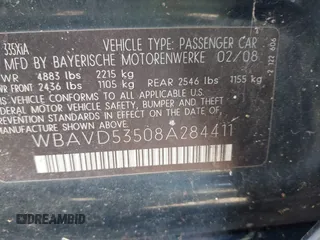 2008 BMW 3 Series 335xi with VIN WBAVD53508A284411, listed as a IAAI auction lot 41600291 with 159,853 mi miles. Bid and sale history available at carsss.com. Image 9.