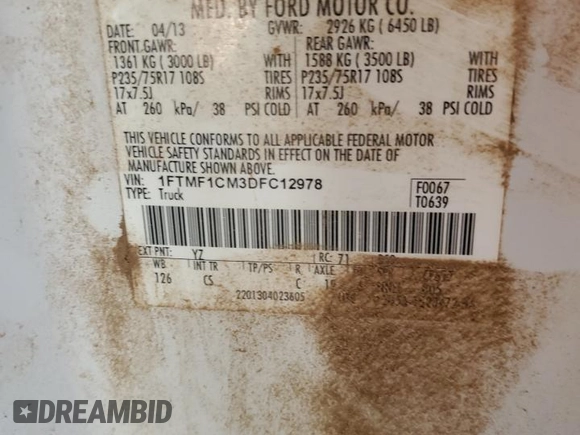 2013 Ford F-150 XL with VIN 1FTMF1CM3DFC12978, listed as a Copart auction lot 43283125 with Not provided miles and Salvage title. Bid and sale history available at DreamBid. Image 12.