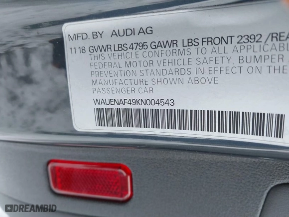 2019 Audi A4 Premium Plus with VIN WAUENAF49KN004543, listed as a IAAI auction lot 41395948 with 104100 miles. Bid and sale history available at carsss.com. Image 9.