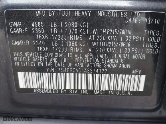 2010 Subaru Outback with VIN 4S4BRCAC1A3374122, listed as a IAAI auction lot 41190853 with 118,207 mi miles. Bid and sale history available at carsss.com. Image 9.