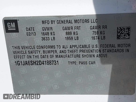2013 Chevrolet Sonic LS with VIN 1G1JA6SH2D4188731, listed as a IAAI auction lot 41908527 with 178,887 mi miles and . Bid and sale history available at DreamBid. Image 9.