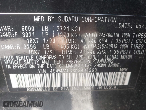 2019 Subaru Ascent Premium with VIN 4S4WMACDXK3480368, listed as a IAAI auction lot 42569764 with 80,450 mi miles and . Bid and sale history available at DreamBid. Image 9.