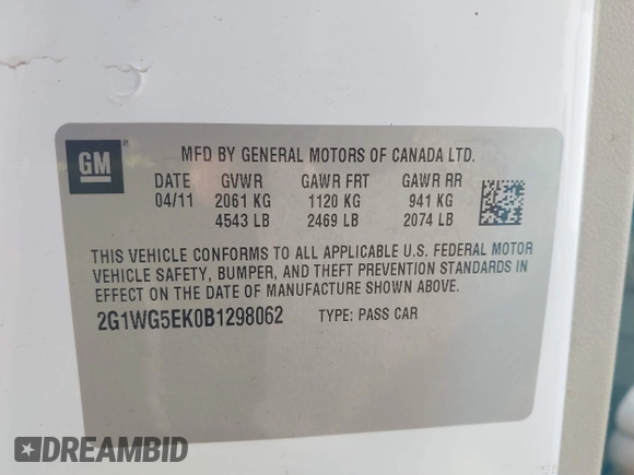 2011 Chevrolet Impala LT Fleet with VIN 2G1WG5EK0B1298062, listed as a IAAI auction lot 42081830 with 110,720 mi miles and . Bid and sale history available at DreamBid. Image 9.