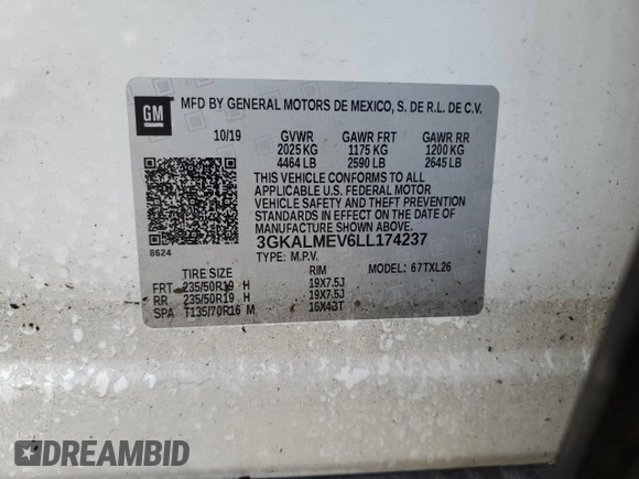 2020 GMC Terrain SLE с VIN 3GKALMEV6LL174237, выставлен на аукционе Copart как лот 51892005 с пробегом 59 862 миль миль и Списание • Salvage title. История ставок и продаж доступна на DreamBid. Изображение 15.