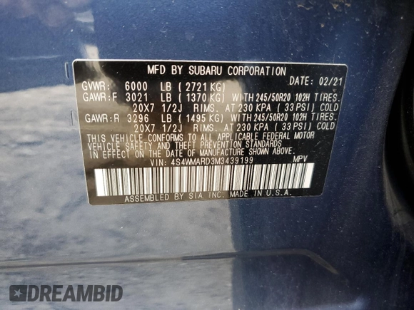 2021 Subaru Ascent Touring with VIN 4S4WMARD3M3439199, listed as a Copart auction lot 65660913 with 40,461 mi miles. Bid and sale history available at carsss.com. Image 12.