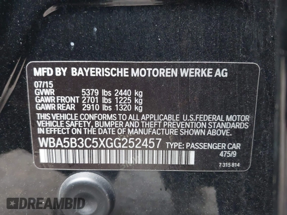 2016 BMW 5 Series 535i xDrive with VIN WBA5B3C5XGG252457, listed as a IAAI auction lot 42191643 with 93,855 mi miles and . Bid and sale history available at DreamBid. Image 9.
