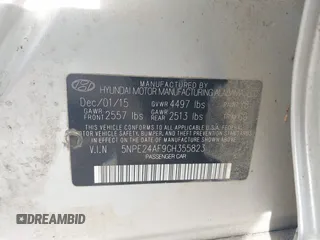 2016 Hyundai Sonata SE with VIN 5NPE24AF9GH355823, listed as a IAAI auction lot 42081692 with 156,394 mi miles and . Bid and sale history available at carsss.com. Image 9.