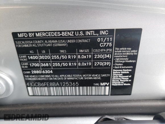 2011 Mercedes-Benz R 350 with VIN 4JGCB6FE8BA125365, listed as a Copart auction lot 45860255 with 160,994 mi miles and Salvage title. Bid and sale history available at DreamBid. Image 13.