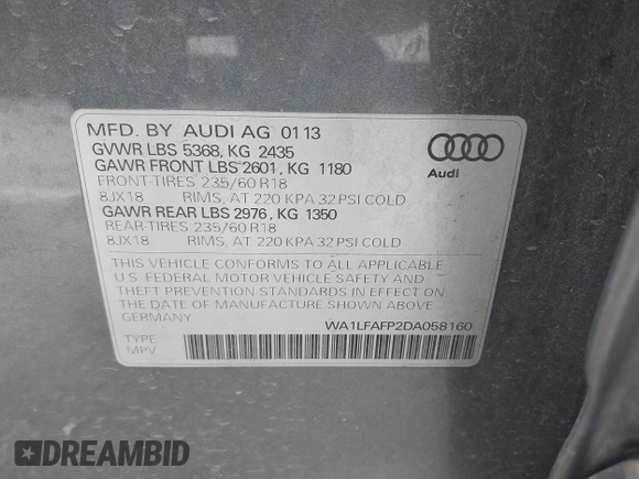 2013 Audi Q5 Premium Plus with VIN WA1LFAFP2DA058160, listed as a IAAI auction lot 42268572 with 111,015 mi miles and . Bid and sale history available at DreamBid. Image 9.