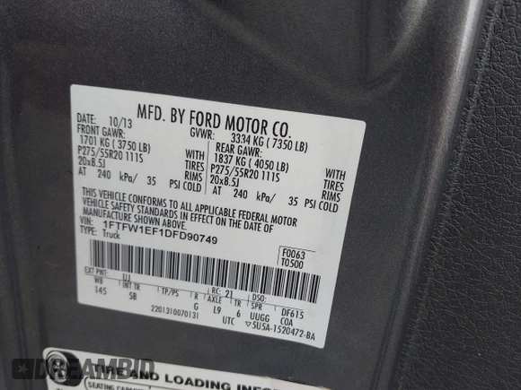 2013 Ford F-150 XL z VIN 1FTFW1EF1DFD90749, wystawiony jako IAAI lot #41876821 z przebiegiem 283 702 mil mil oraz . Historia ofert i sprzedaży dostępna na DreamBid. Obrazek 9.