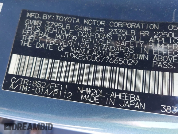 2007 Toyota Prius with VIN JTDKB20U077665029, listed as a IAAI auction lot 42388682 with 199,248 mi miles and . Bid and sale history available at DreamBid. Image 9.