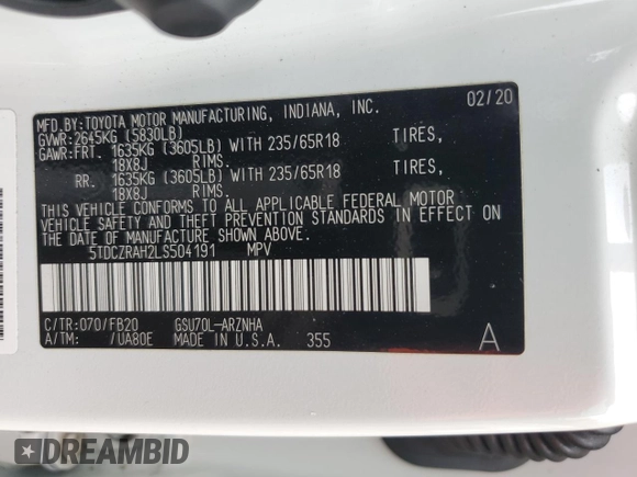 2020 Toyota Highlander L with VIN 5TDCZRAH2LS504191, listed as a Copart auction lot 59492585 with 85,195 mi miles and Salvage title. Bid and sale history available at DreamBid. Image 13.