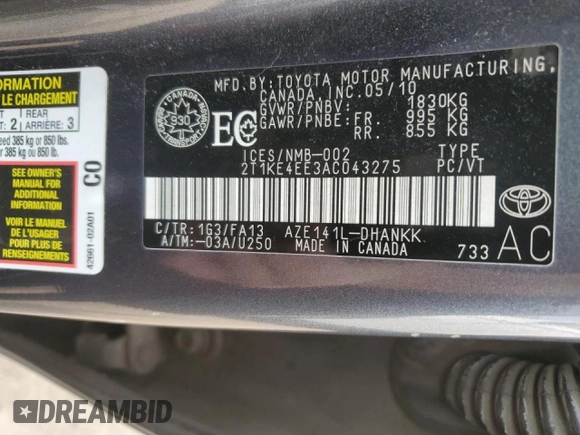 2010 Toyota Matrix S с VIN 2T1KE4EE3AC043275, выставлен на аукционе Copart как лот 59165225 с пробегом 245 854 миль миль и Чистый • Clean title. История ставок и продаж доступна на DreamBid. Изображение 12.
