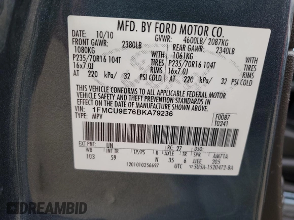 2011 Ford Escape Limited with VIN 1FMCU9E76BKA79236, listed as a Copart auction lot 46322675 with 136,830 mi miles and Salvage Title. Bid and sale history available at DreamBid. Image 13.