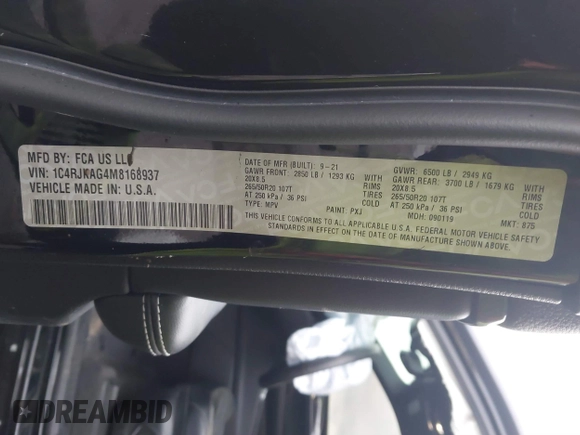 2021 Jeep Grand Cherokee Altitude z VIN 1C4RJKAG4M8168937, wystawiony jako IAAI lot #41556239 z przebiegiem 32 610 mil mil oraz . Historia ofert i sprzedaży dostępna na DreamBid. Obrazek 9.