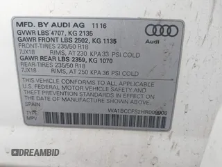 2017 Audi Q3 Premium z VIN WA1BCCFS2HR009908, wystawiony jako IAAI lot #41867249 z przebiegiem 116 804 mil mil oraz . Historia ofert i sprzedaży dostępna na DreamBid. Obrazek 9.