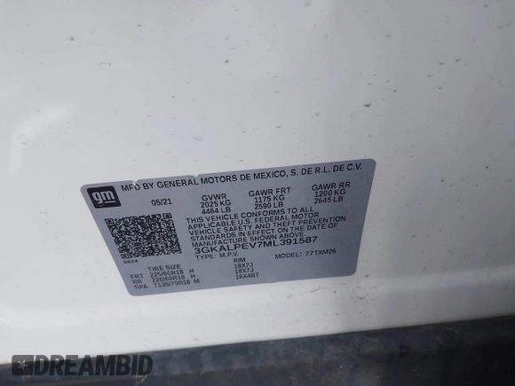 2021 GMC Terrain SLT with VIN 3GKALPEV7ML391587, listed as a IAAI auction lot 42281436 with 93,553 mi miles and . Bid and sale history available at DreamBid. Image 9.