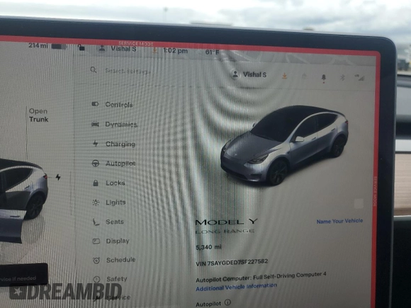 2025 Tesla Model Y Long Range with VIN 7SAYGDED7SF227582, listed as a Copart auction lot 47556595 with 5,340 mi miles and Salvage Title. Bid and sale history available at DreamBid. Image 9.