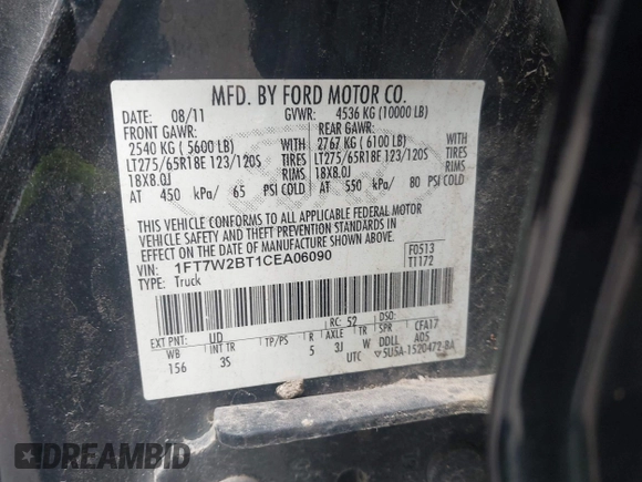 2012 Ford F-250 XL with VIN 1FT7W2BT1CEA06090, listed as a IAAI auction lot 41897091 with 205,163 mi miles and . Bid and sale history available at DreamBid. Image 9.