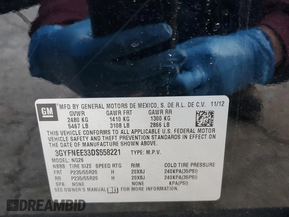 2013 Cadillac SRX Premium Collection with VIN 3GYFNEE33DS558221, listed as a Copart auction lot 51154115 with Not provided miles and Salvage title. Bid and sale history available at DreamBid. Image 12.