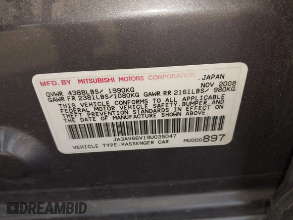 2009 Mitsubishi Lancer with VIN JA3AV66V19U035047, listed as a IAAI auction lot 41591612 with 113,119 mi miles and . Bid and sale history available at DreamBid. Image 9.