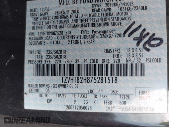 2007 Ford Mustang GT Deluxe с VIN 1ZVHT82H875281518, выставлен на аукционе IAAI как лот 42633779 с пробегом 238 474 миль миль и . История ставок и продаж доступна на DreamBid. Изображение 9.