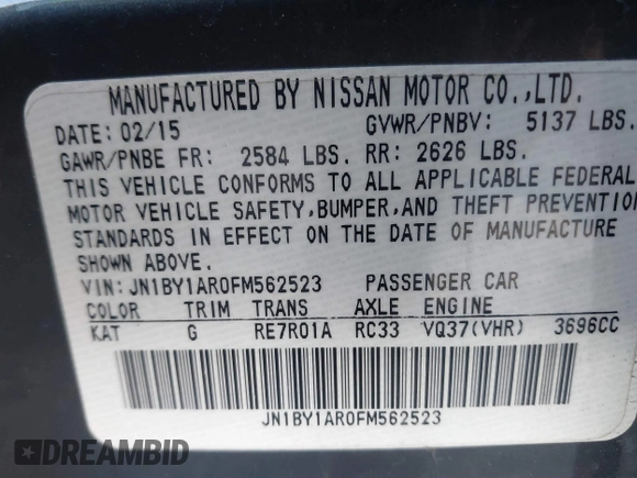 2015 Infiniti Q70 with VIN JN1BY1AR0FM562523, listed as a IAAI auction lot 41310831 with 73,870 mi miles and . Bid and sale history available at DreamBid. Image 9.