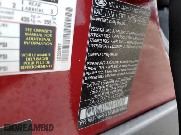 2017 Land Rover Range Rover with VIN SALGS5FE5HA322897, listed as a Copart auction lot 83859694 with 82,675 mi miles and Salvage title. Bid and sale history available at DreamBid. Image 13.