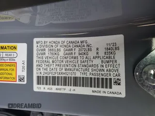 2024 Honda Civic Sport z VIN 2HGFE2F5XRH521070, wystawiony jako Copart lot #82243604 z przebiegiem 31 928 mil mil oraz Szkoda całkowita • Salvage title. Historia ofert i sprzedaży dostępna na DreamBid. Obrazek 14.