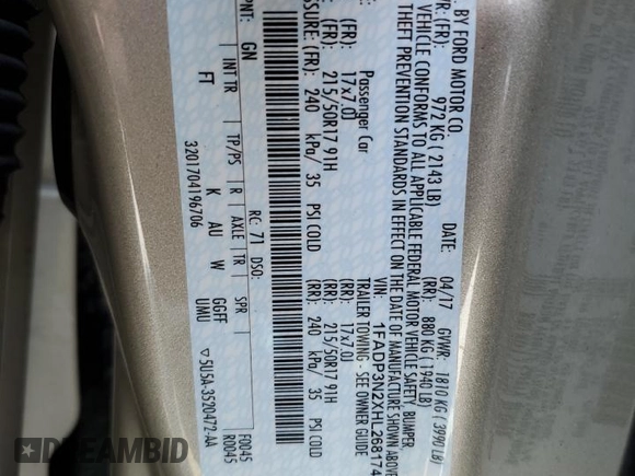 2017 Ford Focus Titanium with VIN 1FADP3N2XHL268174, listed as a Copart auction lot 59761415 with 53,522 mi miles and Salvage title. Bid and sale history available at DreamBid. Image 12.