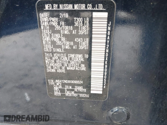 2019 Nissan Armada SL z VIN JN8AY2NDXK9090524, wystawiony jako IAAI lot #42138072 z przebiegiem 159 578 mil mil oraz . Historia ofert i sprzedaży dostępna na DreamBid. Obrazek 9.