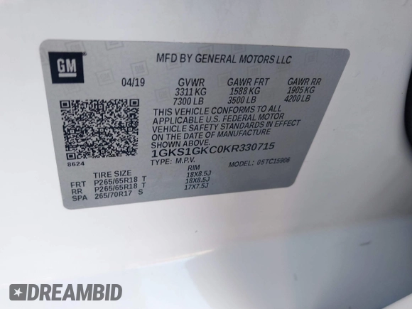 2019 GMC Yukon XL SLT with VIN 1GKS1GKC0KR330715, listed as a IAAI auction lot 41758626 with 134,641 mi miles. Bid and sale history available at carsss.com. Image 9.