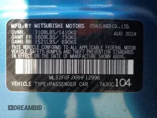 2024 Mitsubishi Mirage ES with VIN ML32FUFJXRHF12996, listed as a Copart auction lot 55492395 with 3,388 mi miles and Salvage title. Bid and sale history available at DreamBid. Image 13.