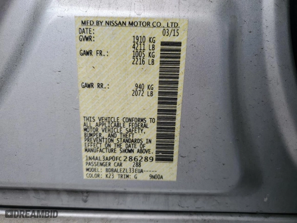 2015 Nissan Altima 2.5 with VIN 1N4AL3AP0FC286289, listed as a Copart auction lot 51815475 with 164,852 mi miles and Salvage Title. Bid and sale history available at carsss.com. Image 14.